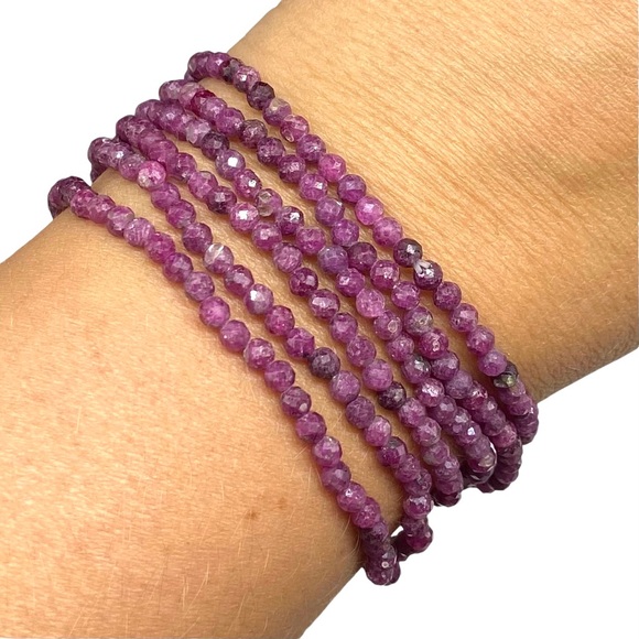 3mm Ruby Beaded Stretch Bracelet Natural Raw Genuine Stone Gemstone Faceted - Picture 2 of 9